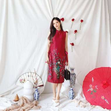 EF976 BCY BATIK SATIN WNITA/BATIK CHEONGSAM SATIN SILK PREMIUM/DRESS IMLEK QIPAO CHEONGSAM BCY_RED