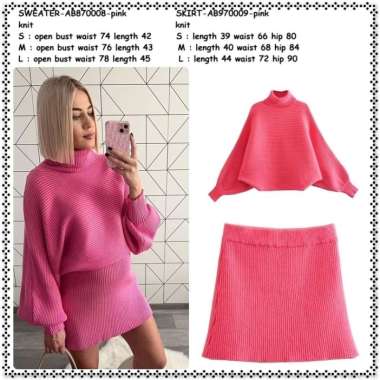 AB870008 AB970009 Setelan Baju Sweater Batwing Jumbo Oversize Rok MIni Rajut Pink Fuschia Wanita Kor