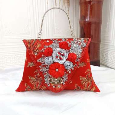 Tas Pesta kondangan Wanita Premium Mewah Elegan Terbaru Cheongsam Clutch Bag Red Silver
