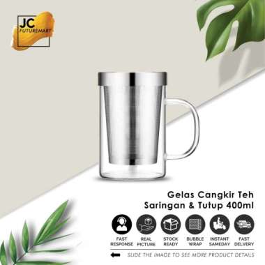 Gelas Cangkir Teh Kaca 400Ml Saringan Dan Tutup Stainless Steel