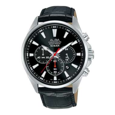 Jam Tangan Pria Alba Active AT3G59X1 Chronograph Men Black Dial Black Leather Strap