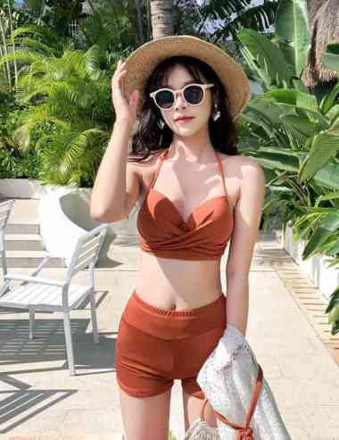 Bikini Pantai Set Sexy Jaring Baju Renang Wanita Korea Swimsuit Import - Orange Hijau