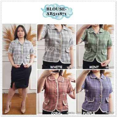 AB511871 Baju Atasan Kerja Kemeja Katun Tweed Lengan Pendek Kotak Wanita Korea Import Ungu Hijau Pur