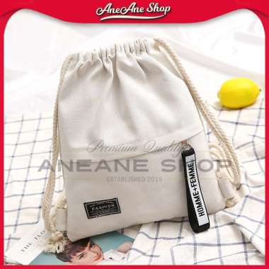 Tas Ransel Tali Serut Bahan Kanvas Kasual Pria & Wanita Warna Polos Modis Putih
