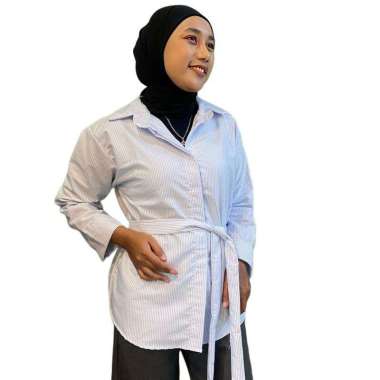 Kemeja Garis Wanita Tali | Kemeja Wanita salur | kemeja Wanita Putih Biru muda