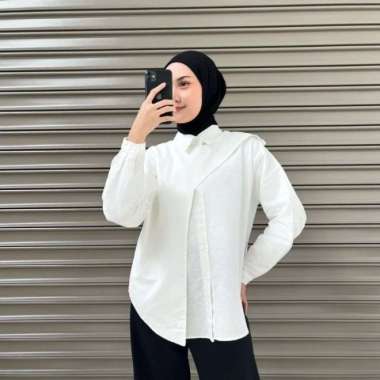 Hawa Shirt Polo Linen Oversize- Kemeja Wanita Lengan Panjang - Maroon Putih