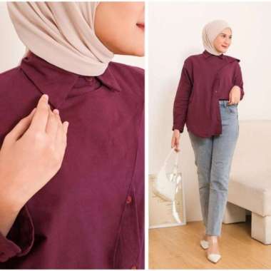 Hawa Shirt Polo Linen Oversize- Kemeja Wanita Lengan Panjang - Maroon Maroon