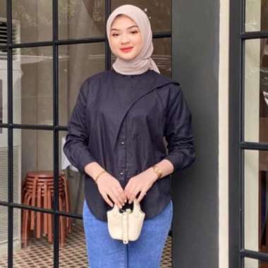 Hawa Shirt Polo Linen Oversize- Kemeja Wanita Lengan Panjang - Maroon Hitam