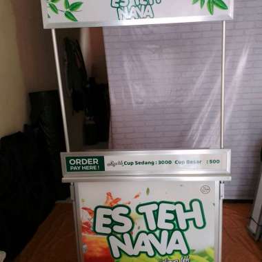 Booth Portable Meja Lipat Rombong Es Teh ukuran 100x60 cm bahan aluminium dengan tutup pintu belakan