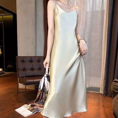 V neck nightgown Lady woman satin party dress loose beach summer dress - Putih, S L Champagne
