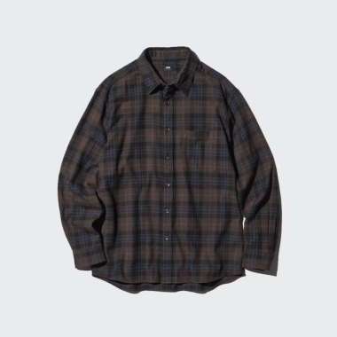 UNIQLO Kemeja Flannel Kotak Pria Lengan Panjang Dark Brown XL