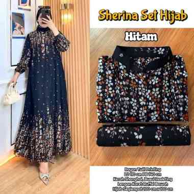 Sherina Gamis Set Hijab - One Set Wanita Kekinian Rayon Twill Setelan Wanita Hijab Segiempat Motif S