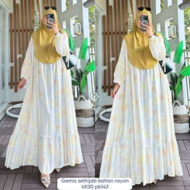 Sherina Gamis Set Hijab - One Set Wanita Kekinian Rayon Twill Setelan Wanita Hijab Segiempat Motif A