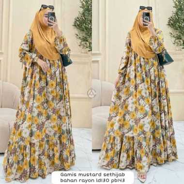 Sherina Gamis Set Hijab - One Set Wanita Kekinian Rayon Twill Setelan Wanita Hijab Segiempat Motif A