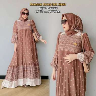 Sherina Gamis Set Hijab - One Set Wanita Kekinian Rayon Twill Setelan Wanita Hijab Segiempat Motif R