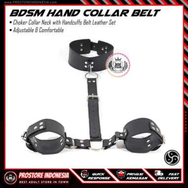 BDSM HAND CUFF COLLAR NECK BELT LEATHER - Bondage Sex Borgol Cinta Pengikat Tangan Leher Choker Adju