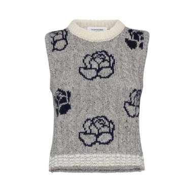 [12.12 Dealcember] Thom Browne Donegal Cable Check and Rose Knit Vest Grey 40 Grey