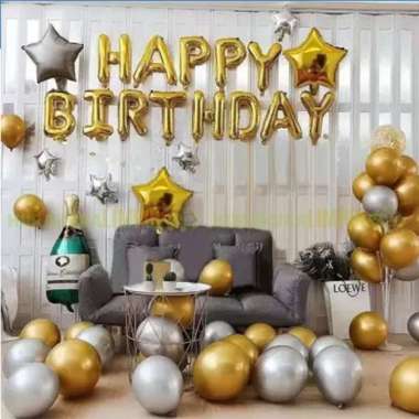 Paket Set Dekorasi Balon Ulang Tahun Happy Birthday Set Gold Silver Chrome