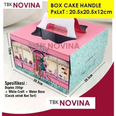 BOX CAKE TINGGI / KOTAK KUE HARDBOARD HANDLE 20.5x20.5x12cm PINK PATISSERIE