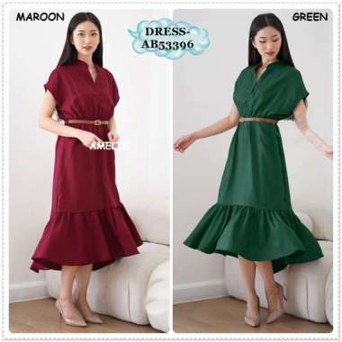 AB53396 Long Dress Gaun Pesta Malam Natal Sincia Imlek Linen Wanita Korea Import Merah Maroon Red Hi