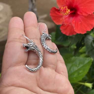 Anting Earrings Perak Silver Bali 925 Hook Ukir Naga Dragon Sabit Etnik Wanita Custom Elegan