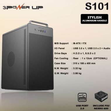 Casing PC 3 Power Up S101 with PSU NERRO-600 500Watt Micro-ATX/Mini-ATX Hitam