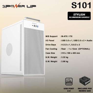 Casing PC 3 Power Up S101 with PSU NERRO-600 500Watt Micro-ATX/Mini-ATX Putih