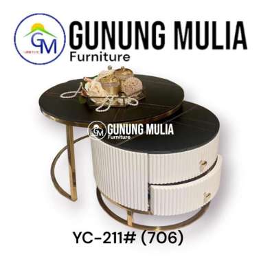 Meja Tamu 2 Tingkat Gold Granite Set Isi 2 Ada Laci, Bulat Meja Kopi YC-211 VERSACE