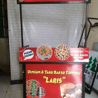 Booth Portable Gerobak Lipat bahan aluminium dengan roda untuk jualan dimsum tampilan kekinian Banne