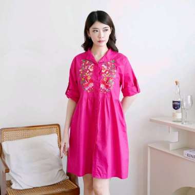 Nuboutique - Janira Tunic - Dress Tunik Kemeja Panjang Wanita Bordir Bunga Katun Adem FUSCHIA One Si