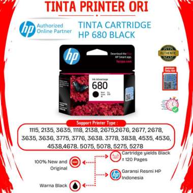 Tinta HP 680 Black (Hitam) Ink Cartridge Original For Printer HP 1115 2135 3635 3775 3776