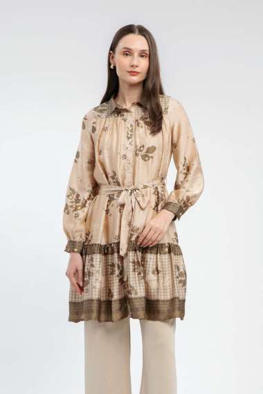MINIMAL - Beatrice - Dress Rimple Motif Bunga - Beige M Beige