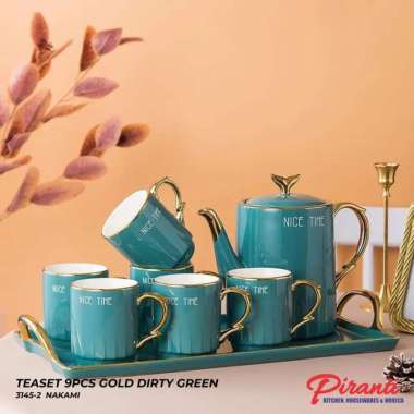 Luxury Tea Set 9 Pcs Gold - Perlengkapan Teh Teko Gelas Tray Keramik Pink