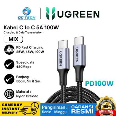Ugreen Kabel Type C to Type C 100W 5A Pendek Powerbank PD Fast Charging 50cm 1M 2M Garansi Resmi 50c