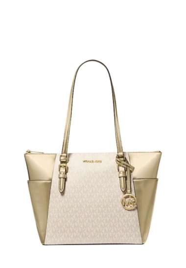 MICHAEL KORS Charlotte Large Signature Logo and Metallic Top-Zip Tote Bag Pale Gold