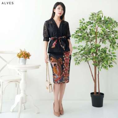 Evercloth Alves Kebaya Encim Dress Batik Brukat Sarimbit Batik Couple Modern Hitam Wayang Gaun Pesta