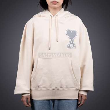AMI PARIS BIG COEUR HEART GREY LOGO PATCH EMBROIDERY BEIGE HOODIE S