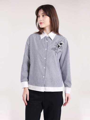 MINIMAL - Genevieve - Kemeja Bordir Payet Bunga - Blue S Blue