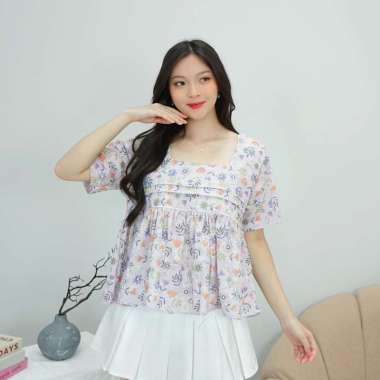 Nuboutique - Enzy Top - Blouse Korean Summer Style Motif Bunga Katun Adem LILAC One Size