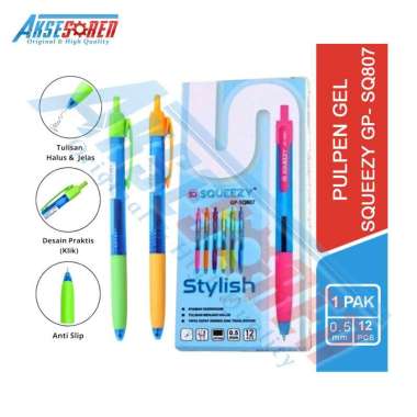 Aksesoren Pulpen Gel Tekan Squeezy GP-SQ807 [1 Pack / 12 Pcs] / Gel Pen Click / Pena Warna Hitam Bal