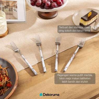 Dekoruma SIKA Garpu Buah Stainless Gagang Kayu Marble Putih 4pcs / Garpu Kue Dessert Aesthetic Handl