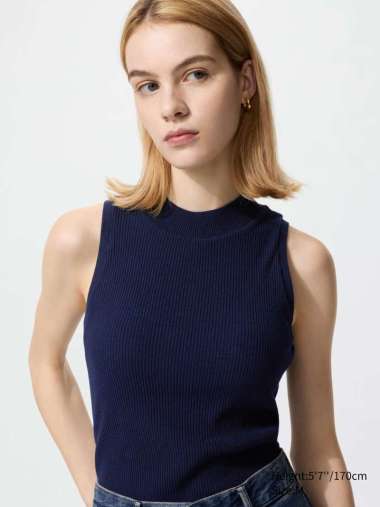 UNIQLO Atasan Tank Top Bra wanita Washable Knit Rajut tanpa lengan BLUE M