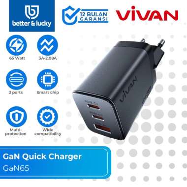 VIVAN GaN65 Charger GaN 65W Quick Fast Charge 3 Ports for Phone & Laptop