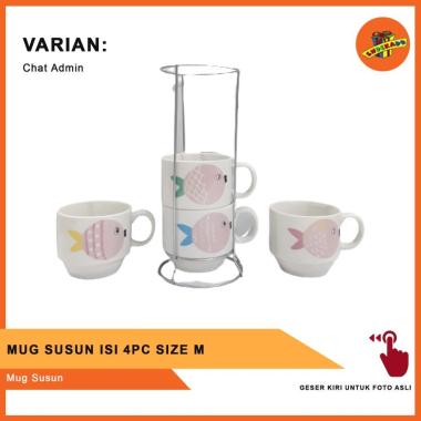MAKASSAR! MUG KERAMIK SUSUN 4PC SIZE M - Cangkir Susun