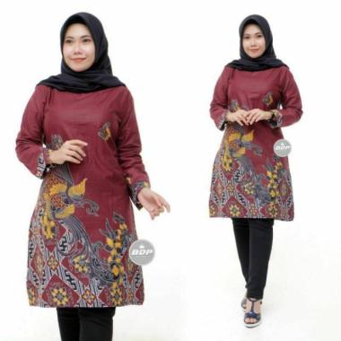 Tunik Batik Merah Maroon Atasan Wanita Seragam Baju Kerja Batik Maroon - j, M M j