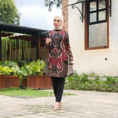 Tunik Batik Merah Maroon Atasan Wanita Seragam Baju Kerja Batik Maroon - j, M XL f