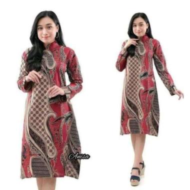 Tunik Batik Merah Maroon Atasan Wanita Seragam Baju Kerja Batik Maroon - j, M M a