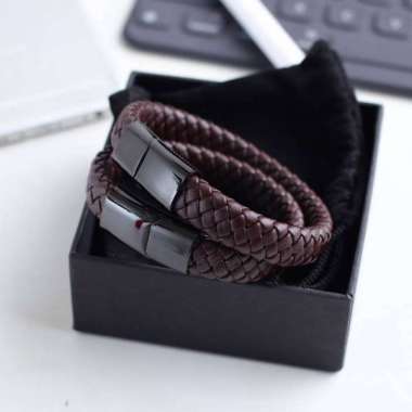 VERISH Gelang kulit pria wanita ISHIYA KULIT ASLI TOP GRAIN 316L Anyam - Woven 20 HITAM