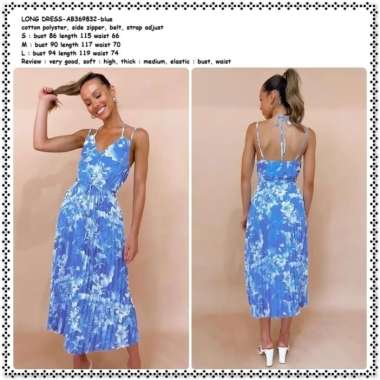 AB369832 Summer Long Dress Midi Pesta Pantai Bunga Tali Tanpa Lengan Plisket Pleated Biru Blue Wanit