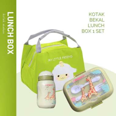 ZS Lunch Box Kotak Bekal Makan Lucu Anak Sekolah Set Lengkap Botol Minum dan Tas Karakter GREEN